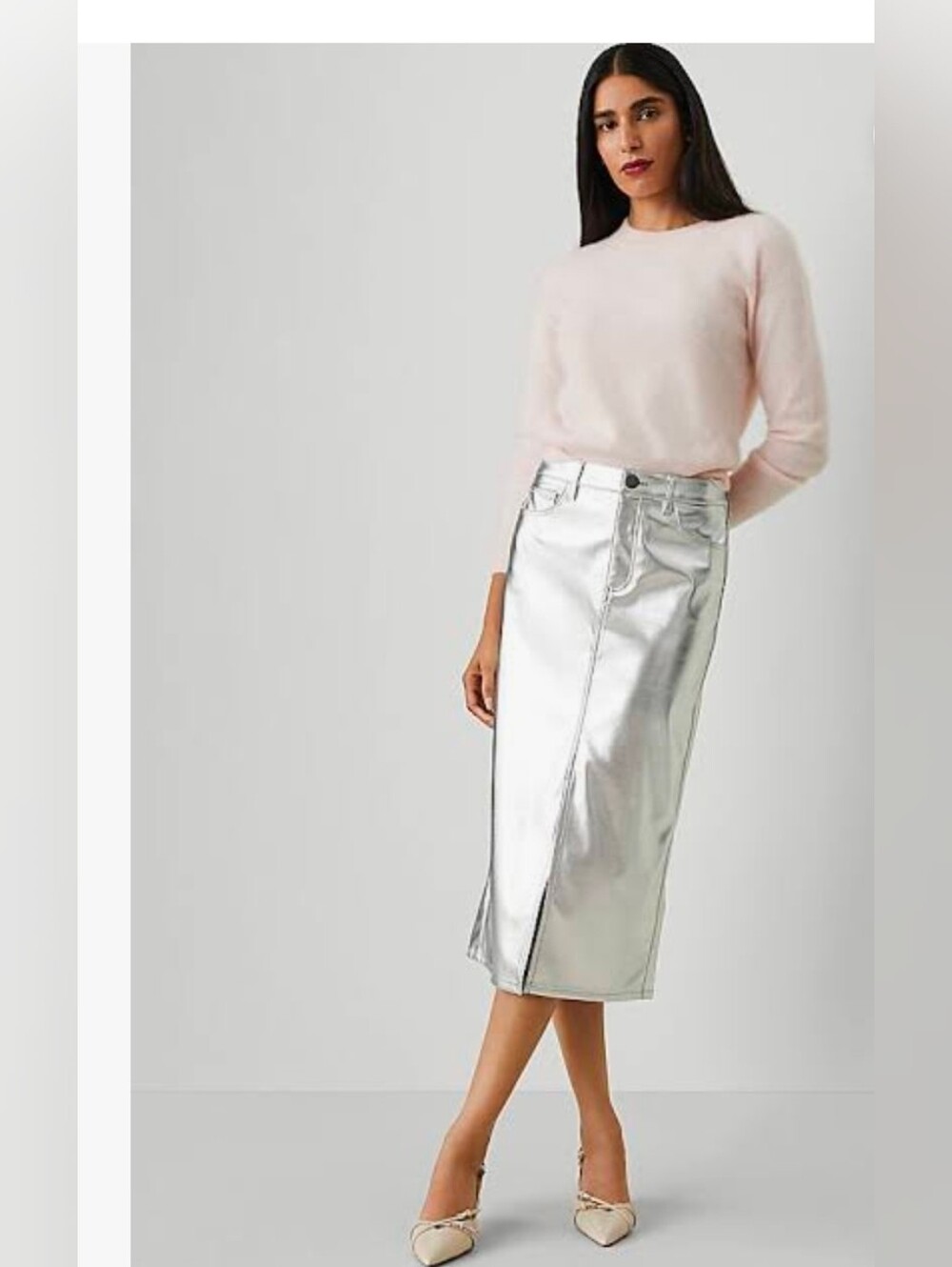 LN Ann Taylor Silver Metallic Vegan Leather Midi Skirt - Women's Pencil Skirt